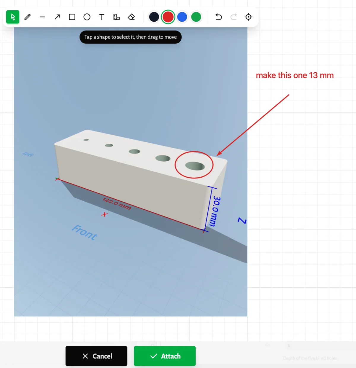 La vue 3D du porte-forets ouverte dans la planche à dessin : le plus grand trou est entouré en rouge, avec une flèche partant d'une note qui demande de le passer à 13 mm