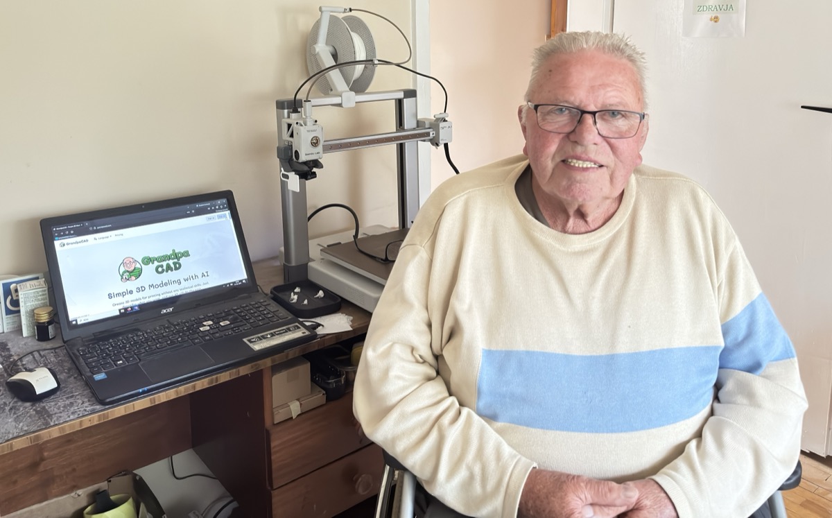 Grandpa with his new printer and a model made with GrandpaCAD