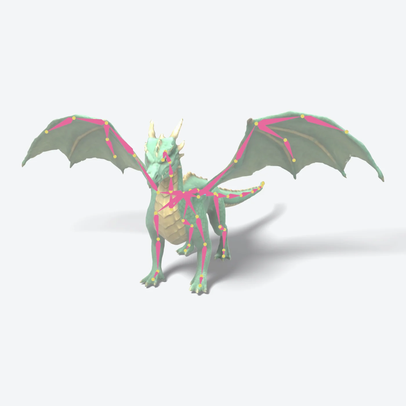 The same dragon with its auto-rigged 55-bone skeleton drawn through the mesh