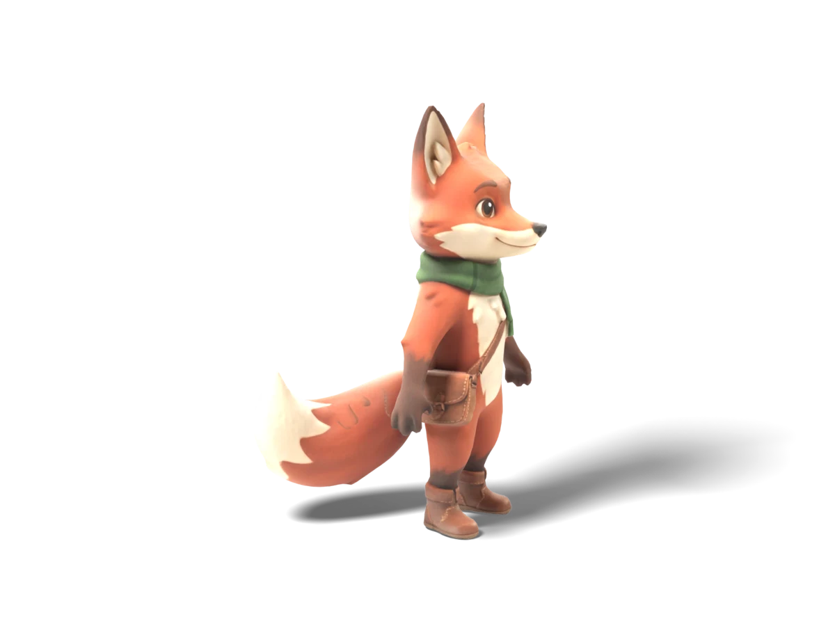 A textured fox adventurer character with a scarf and satchel