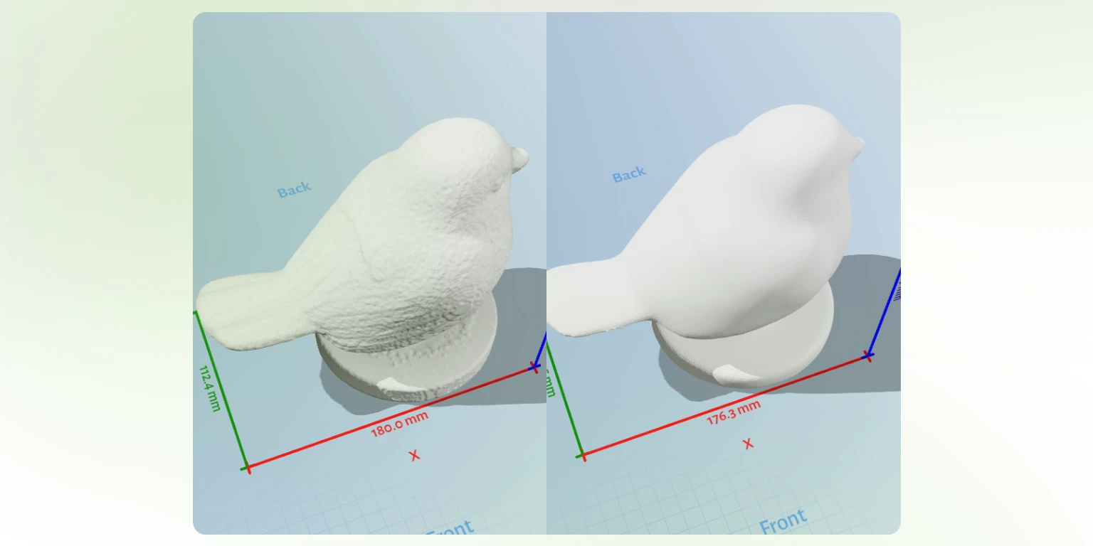 Un maillage sculpté bruité à gauche et le même modèle lissé et allégé à droite, prêt à imprimer